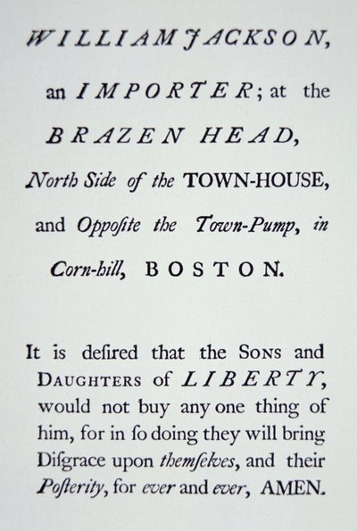 Os "Filhos da Liberdade", um movimento secreto fundado em 1765 em oposição aos impostos britânicos (litho) de American School