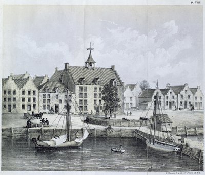 Os Stadthuys de Nova York em 1679, Corner of Pearl Street e Coentijs Slip, de Journal of a Voyage a Nova York em 1679-80 por Jasper Danckaerts (n.1639) e Peter Sluyter (1645-1722), publicado em 1867 de American School