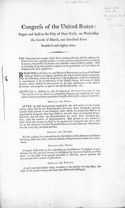 A Declaração de Direitos dos Estados Unidos, concluída em 1789 (impressão) de American School