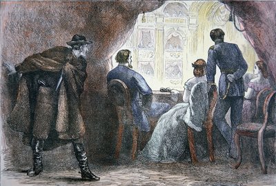 O assassinato de Abraham Lincoln (1809-65) na caixa do Teatro Ford, 14 de Abril de 1865 (cor litho) de American School
