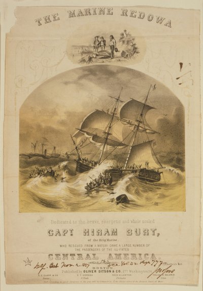 O brigue Marine resgatando passageiros em barcos salva-vidas do navio a vapor SS América Central depois de ter sido apanhado num furacão ao largo das Carolinas em Setembro de 1857. Mais de 550 afogados e 30.000 libras (14.000 kg) de ouro californiano foram de American School