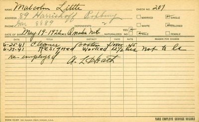 O registro de serviço do empregado de Malcolm X (1925-65) de American School