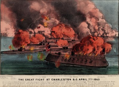 A grande luta em Charleston SC, 7 de abril de 1863, pub. Currier e Ives, 1863 de American School
