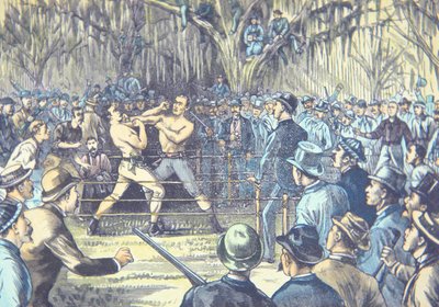 A última luta do campeonato de boxe nua em 1889, John L. Sullivan contra Jake Kilrain em Richburg, Mississippi (cor litho) de American School