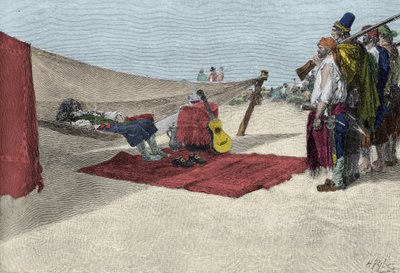 O pirata Sir Henry Morgan recrutando homens para o ataque ao Panamá por volta de 1670. “” Livro de piratas Bucaneiros e Marooners da Main espanhola ”” por Howard Pyle de American School