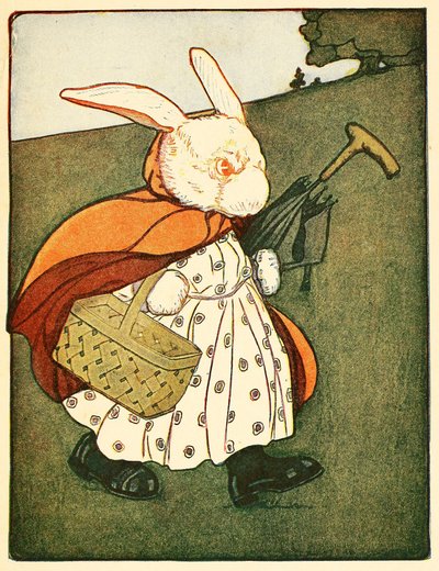 Então a velha Sra. Coelho .... foi através da madeira para o padeiro, de The Tale of Peter Rabbit, 1916. de American School