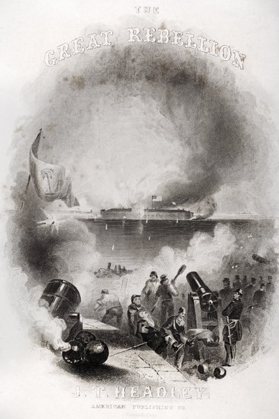 Ilustração da página de título do ataque a Fort Sumter em 1861, de "The Great Rebellion", de JT Headley, publicado em 1866 de American School