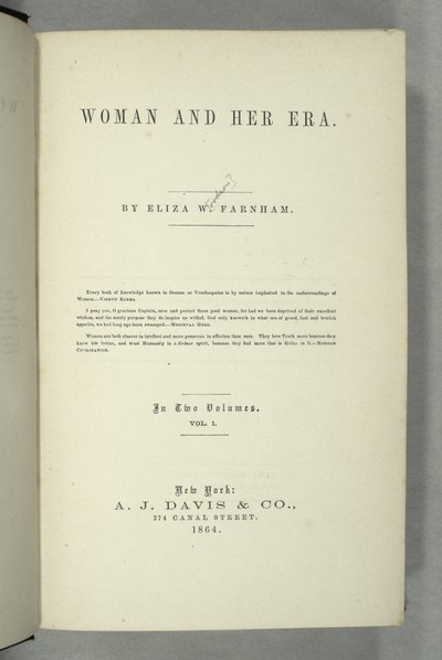 Titlepage de Women and Her Era, de Eliza Wood Farnham (1815-64), publicado em Nova York, 1864 (impresso) de American School