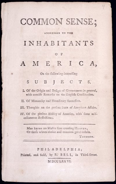 Titlepage to Common Sense de Thomas Paine (1737-1809) 1776 (versão impressa) de American School