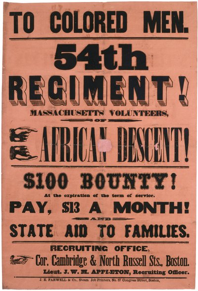 Para homens de cor. 54º Regimento! Voluntários de Massachusetts, de ascendência africana, 1863 de American School