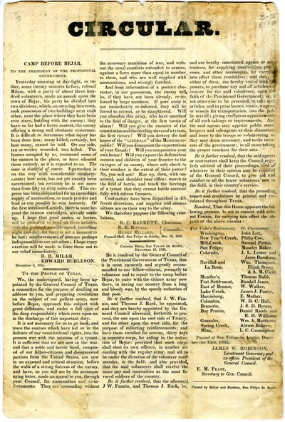 Ao povo do Texas: cerco da guarnição mexicana em San Antonio de Bexar, 10 de dezembro de 1835 de American School