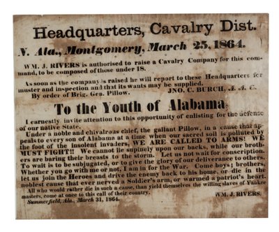 Para a Juventude do Alabama: Estamos chamando as armas! (broadside recrutamento), 25 de março de 1864 de American School