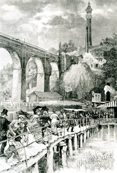 Turistas, voltando, para, seu, steamer, ligado, a, rio harlem, com, ponte alta, à esquerda, gravado, por, wa, Rogers, para, harpistas, semanal, 24 julho, 1880 de American School
