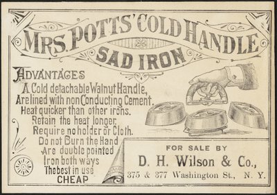 Cartão comercial para Mrs. Potts "Cold Handle Sad Iron, c.1870-1900 de American School