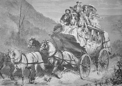 Viajando pelo Oeste Americano por Concord Stagecoach na década de 1860 (gravura) de American School