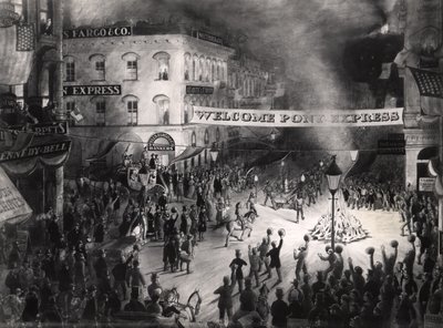 Chegada Triunfante do Primeiro Mensageiro Pony Express em Sacramento, 13 de abril de 1860 (wc no papel) de American School