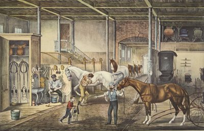 Rachaduras trotando em casa, um modelo estável, pub. 1868, Currier & Ives de American School