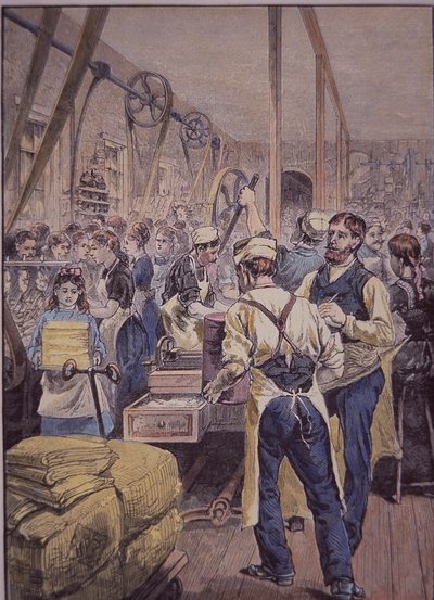 Indústria têxtil dos EUA, fábrica têxtil do Norte, c.1870 (gravura colorida) de American School