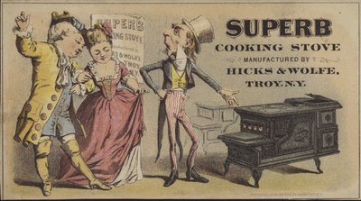 Tio Sam vendendo um Fogão de Cozinha Superbom (chromolitho) de American School