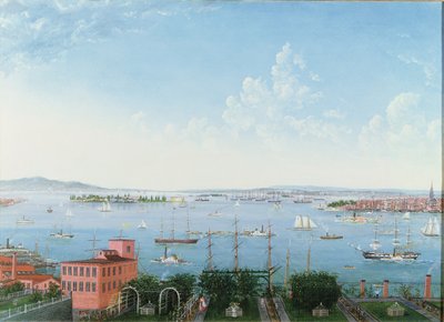 Vista do porto de Nova York de Brooklyn Heights, c.1860 (óleo sobre linho) de American School