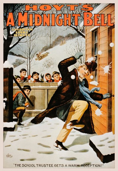 Pôster vintage de meninos jogando bolas de neve em um homem, 1890-99 de American School