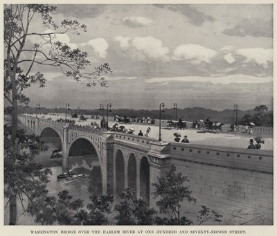 Ponte de Washington sobre o Rio Harlem na One Hundred and Seventy-Second Street (litho) de American School