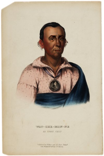Wat-Che-Mon-Ne, chefe de Ioway, impressão feita por JT Bowen, ilustração da história das tribos indígenas da América do Norte por Thomas L. McKenney e James Hall, c.1842-70 de American School