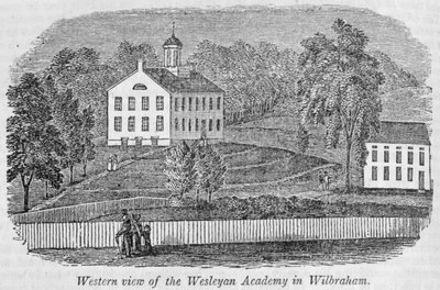 Visão ocidental da Academia Wesleyana em Wilbraham, de "Coleções históricas de Massachusetts", de John Warner Barber, 1839 (gravura) de American School