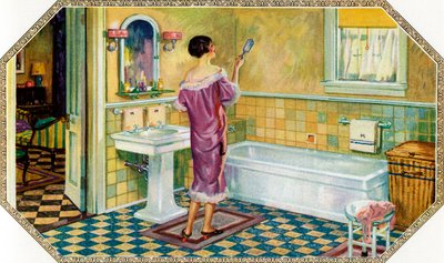 Mulher de pé em uma casa de banho Art Deco de American School