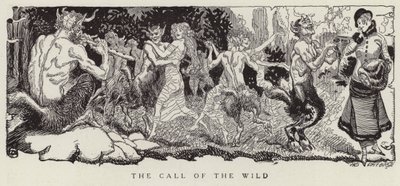 Mulher a ser tentada por faunos para ceder aos seus impulsos mais selvagens (litografia) de American School
