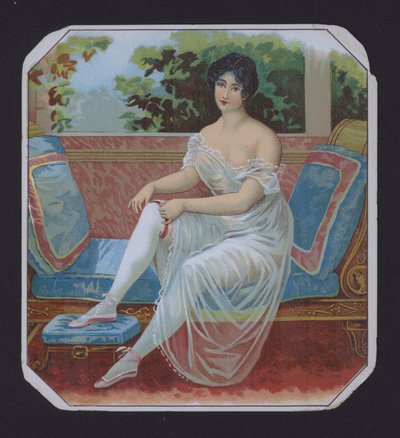 Mulher com uma etiqueta de negligência, rótulo de charuto (chromolitho) de American School