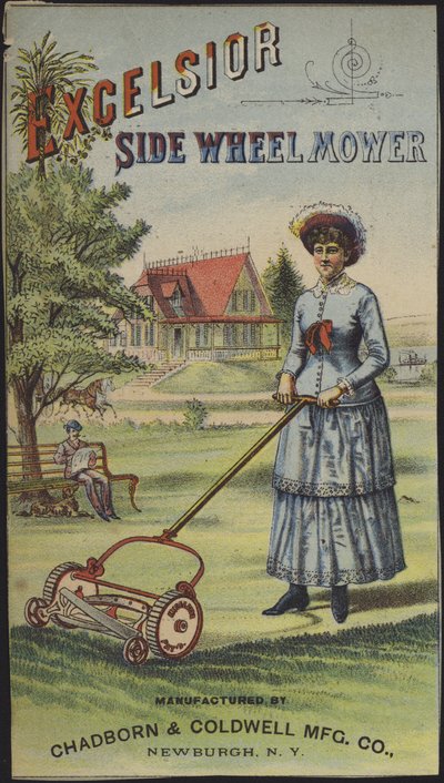 Mulher a cortar a relva (cromolito) de American School