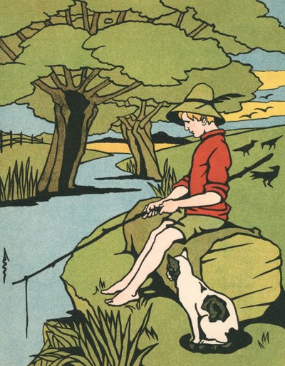 Pesca de Menino num rio com o seu gato de American School