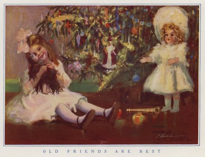 Uma rapariga segura a sua boneca antiga em vez da nova que lhe foi oferecida no Natal (litografia a cores) de American School