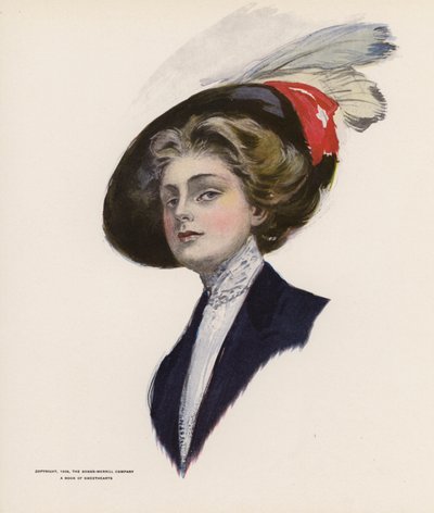 Mulher jovem com um chapéu de penas (litografia a cores) de American School