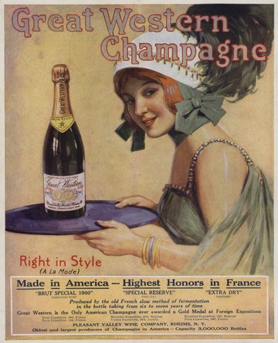 Mulher jovem com uma garrafa de champanhe, anúncio da Great Western Champagne (litografia a cores) de American School