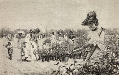 Mulheres a caminhar em Brera, Milão, Itália, gravura do quadro Maggio (Maio) de Amerino Cagnoni (1853-1923), de L