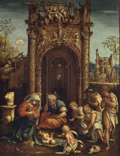 Adoração dos Pastores, c.1530 (óleo sobre painel) de Amico Aspertini