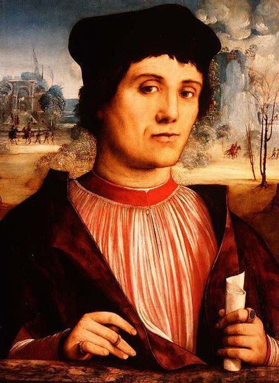 Retrato de um clérigo segurando um pergaminho (painel) de Amico Aspertini