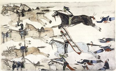 Batalha de Little Big Horn 25-26 de junho de 1876. Retirada do 7º Batalhão de Cavalaria dos EUA sob o comando do Major Marcus Reno. Pintura de Amos Bad Heart Buffalo (Sioux), c. 1900 de Amos Bad Heart Buffalo