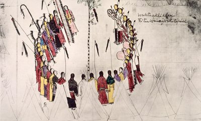 Dança do couro cabeludo ou dança da vitória (tinta no papel) de Amos Bad Heart Buffalo