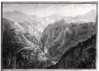 Cena do Inn at Devil&39;s Bridge com a queda do Rhydal, de "vistas em Inglaterra, Escócia e País de Gales", 1804 (lavagem cinzenta sobre grafite em papel tufado) de Amos Green