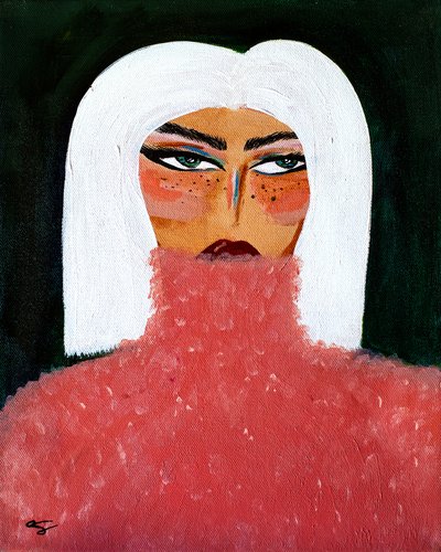 Mulher com camisola de gola alta cor-de-rosa de Amy Straley