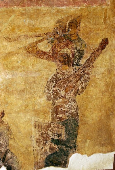 Detalhe de músicos e acrobatas de Ancient Russian frescos