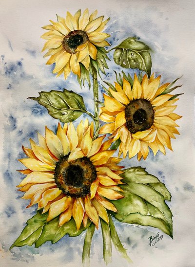Girassóis em aquarela vibrante de Anda Bieza