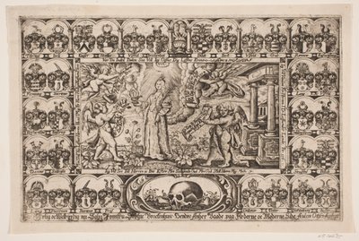 Sophie Brockenhuus e quatro gênios, cercados por escudos. Do sermão fúnebre de Anders Ottesen