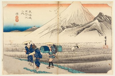 Hara, Fuji ao amanhecer, nas Cinquenta e Três Estações da Estrada Tokaido (Tokaido Gojusan Tsugi-no Uchi) de Ando Hiroshige