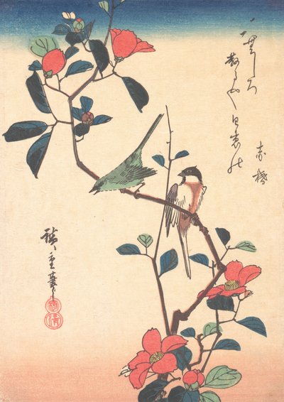 Japonês White-eye e Titmouse em um ramo de camélia, ca. 1840., c. 1840. de Ando Hiroshige