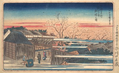 Flores de cerejeira da manhã em Shin-Yoshiwara. de Ando Hiroshige