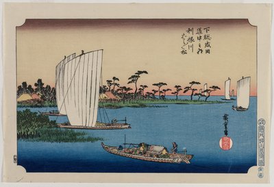 Pinheiros espalhados pelo rio Tone ..., publicado em 1919. de Ando Hiroshige